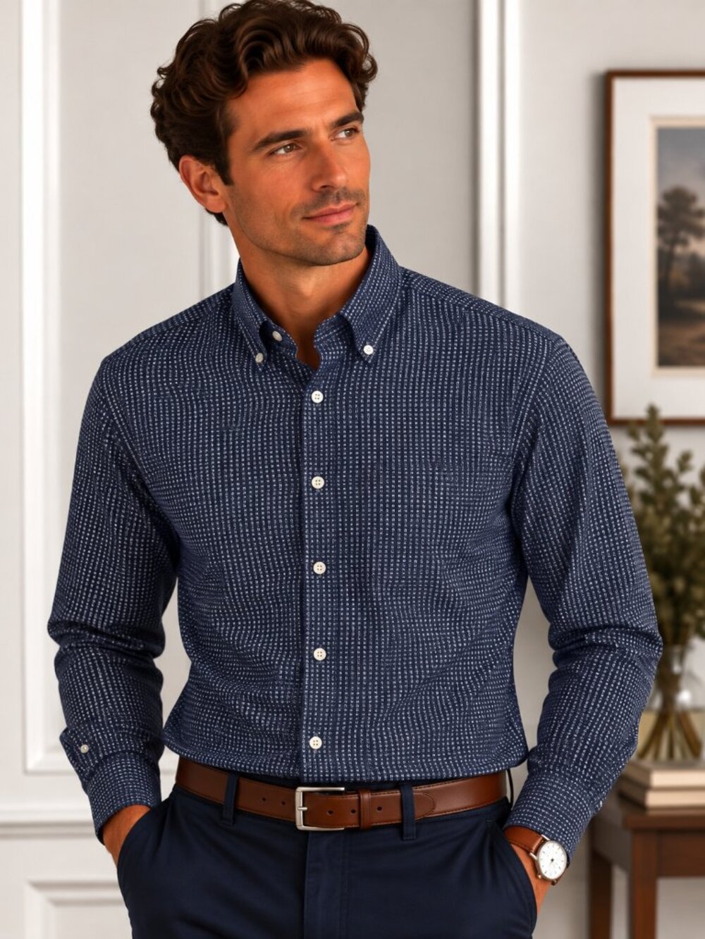 Navy Micro-Pattern Button-Down
